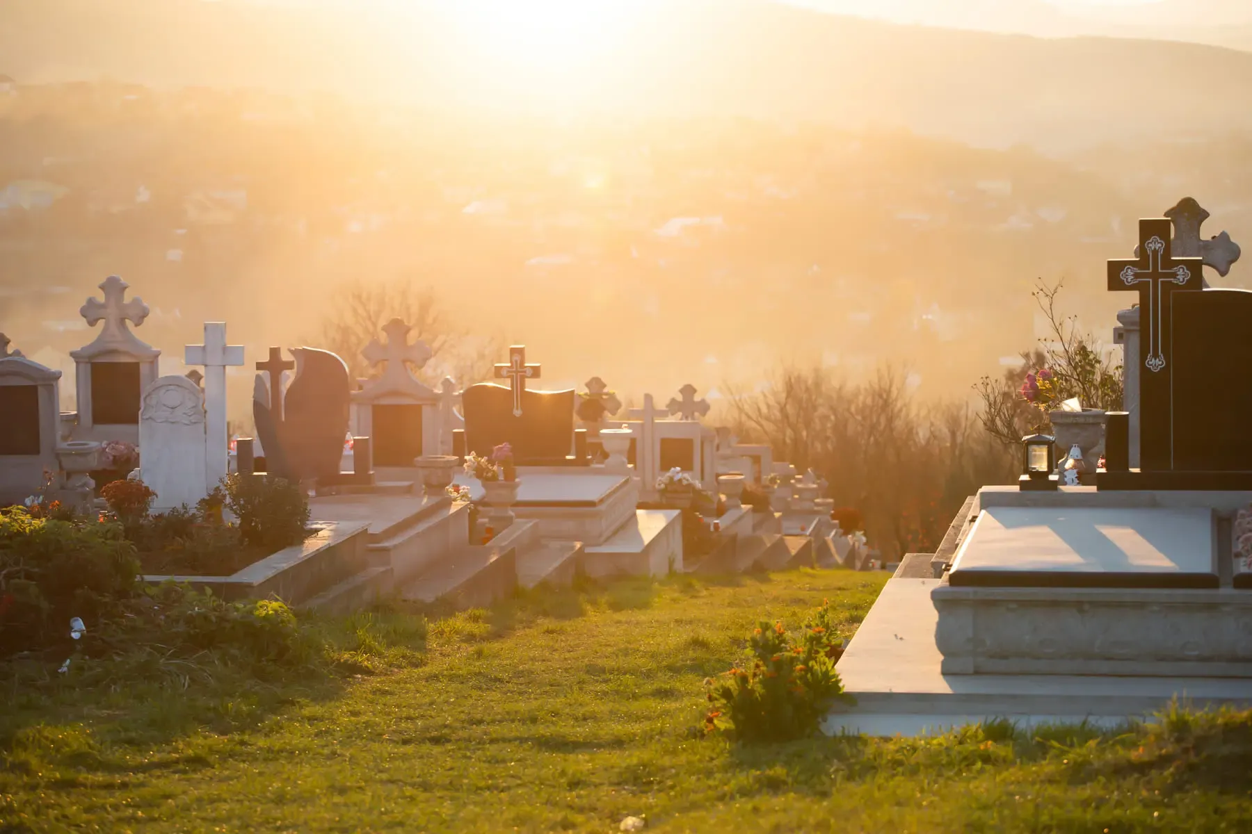 Cemetery at sunset in Rhondda Cynon Taff, where FR Terrazzo install memorials across South Wales