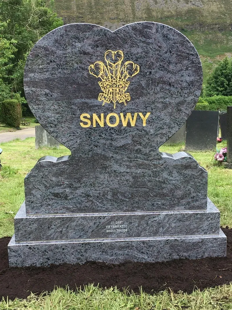 Blue pearl granite heart headstone with hand-gilded Prince of Wales feathers and gold leaf lettering by FR Terrazzo, Rhondda Cynon Taff